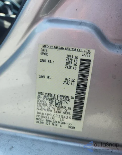 2020 Nissan Altima S z USA, uszkodzony, nr VIN 1N4BL4BV0LC213426